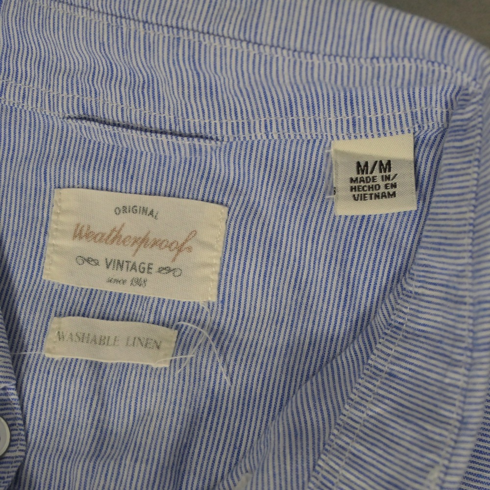 Weatherproof Vintage Mens Shirt M Blue Striped Linen Blend Coastal Casual Preppy - Picture 2 of 9